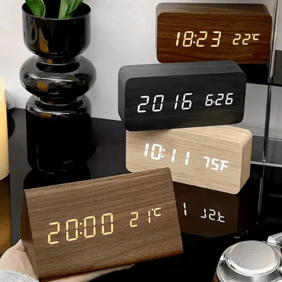 Digitale wekker hout LED temperatuurweergave kalender houten