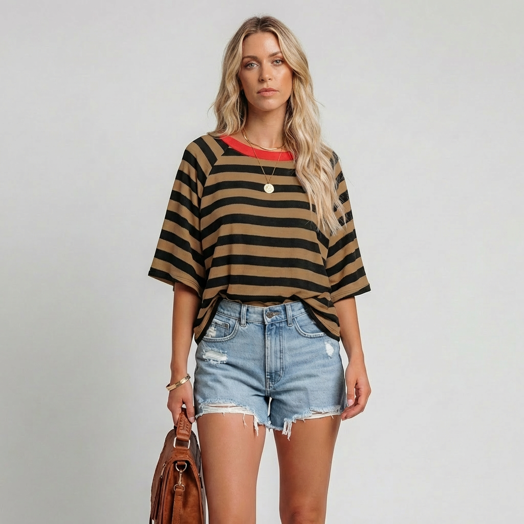 Vrouwen Gestreepte Kleurblok Crewneck Top
