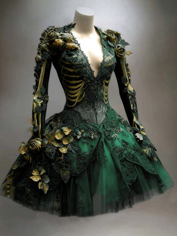 Gothic skeletjurk voor dames met lange mouwen, mini, voor Halloween