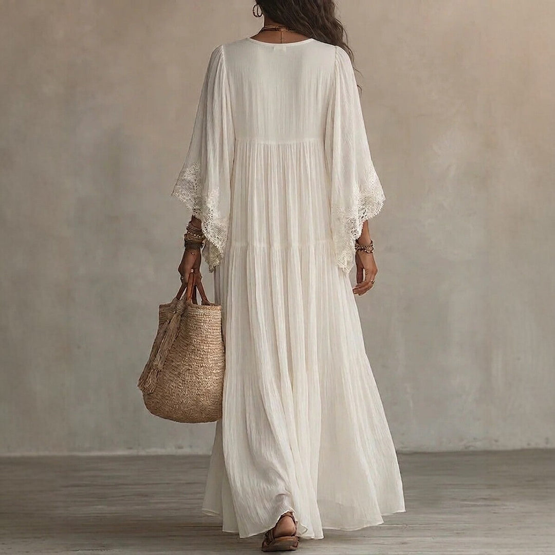 Lace V-neck Long Batwing-sleeve Dress