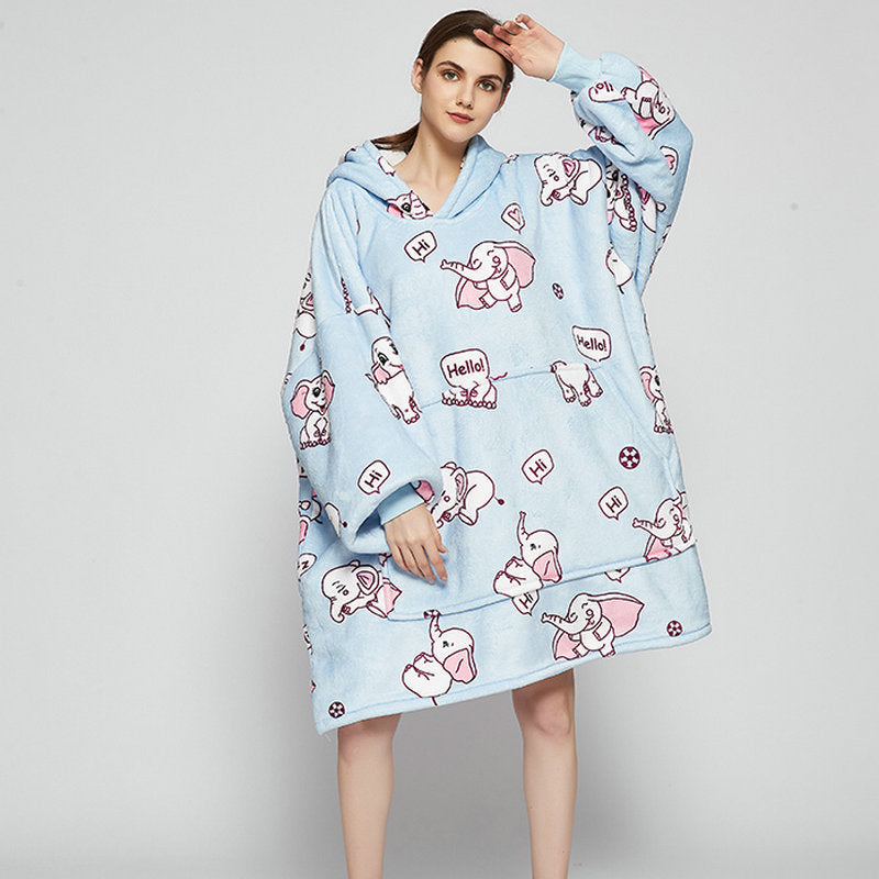 Draagbare deken hoodie met vrolijke print, dubbellaags flanel