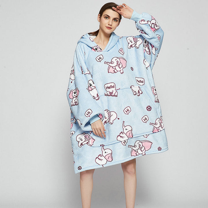 Draagbare deken hoodie met vrolijke print, dubbellaags flanel