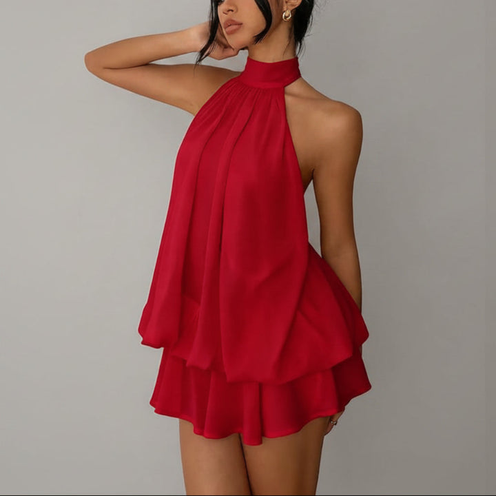 Chiffon Halter Tea Length Dress Sassy Skirt