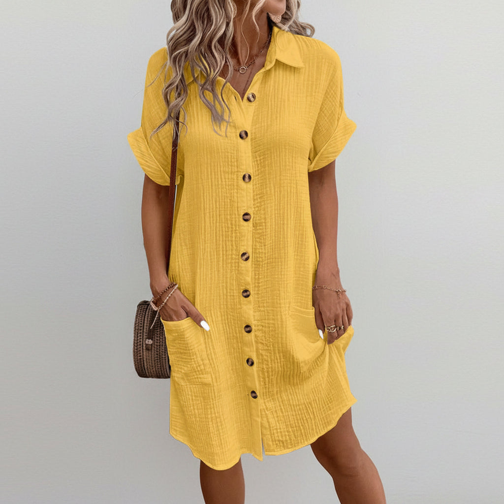 Summer Short Sleeve Shirt Dress Fashion Solid Color Single-breasted Mid-length Loose Dress