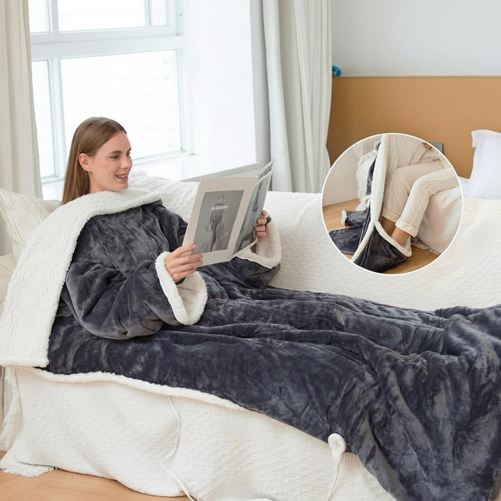 Verwarmde deken met mouwen en voetenzak van sherpa fleece
