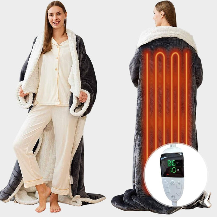Verwarmde deken met mouwen en voetenzak van sherpa fleece