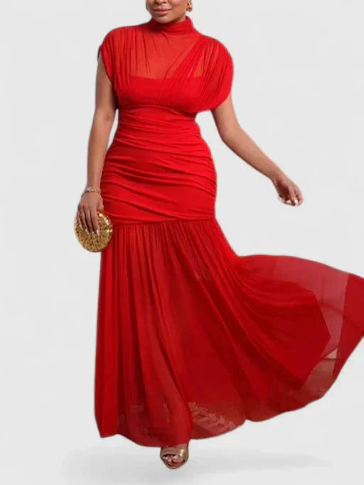 Maxi-jurk met opstaande kraag en mesh