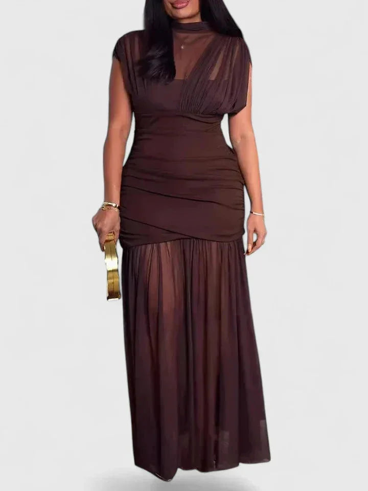 Maxi-jurk met opstaande kraag en mesh
