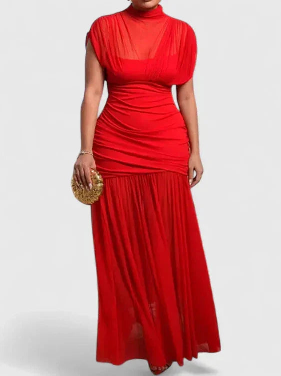Maxi-jurk met opstaande kraag en mesh