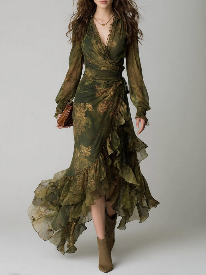 Groene maxi-wikkeljurk met bloemenprint, V-hals, lange mouwen en volants voor dames