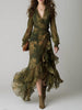 Groene maxi-wikkeljurk met bloemenprint, V-hals, lange mouwen en volants voor dames