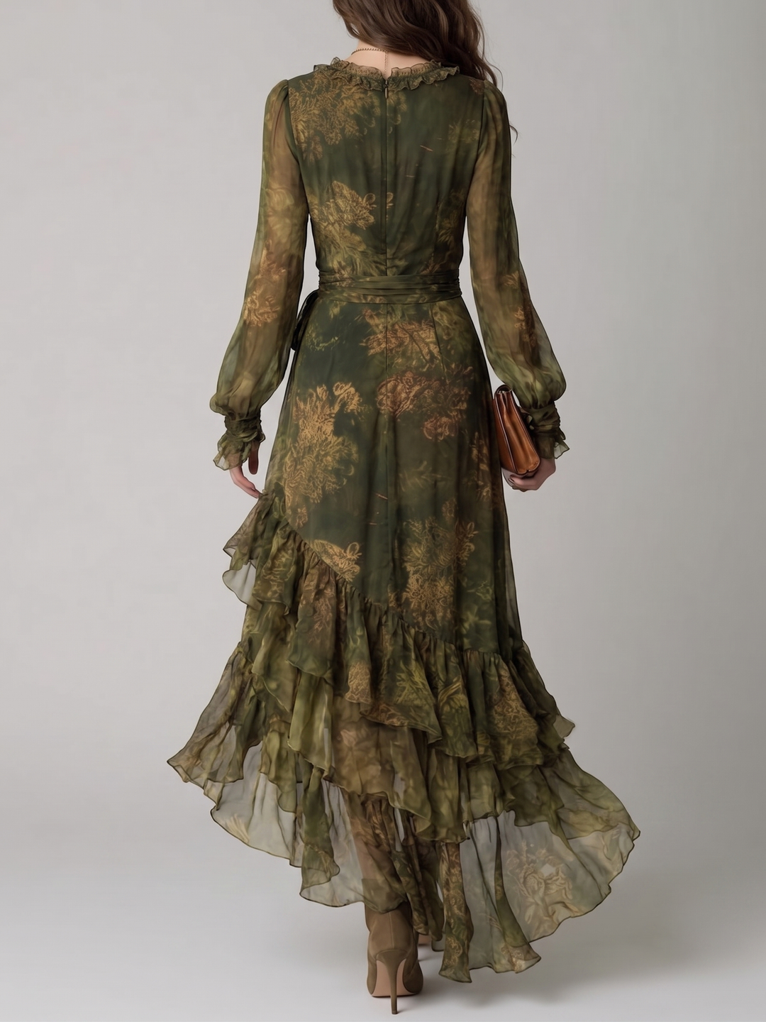 Groene maxi-wikkeljurk met bloemenprint, V-hals, lange mouwen en volants voor dames
