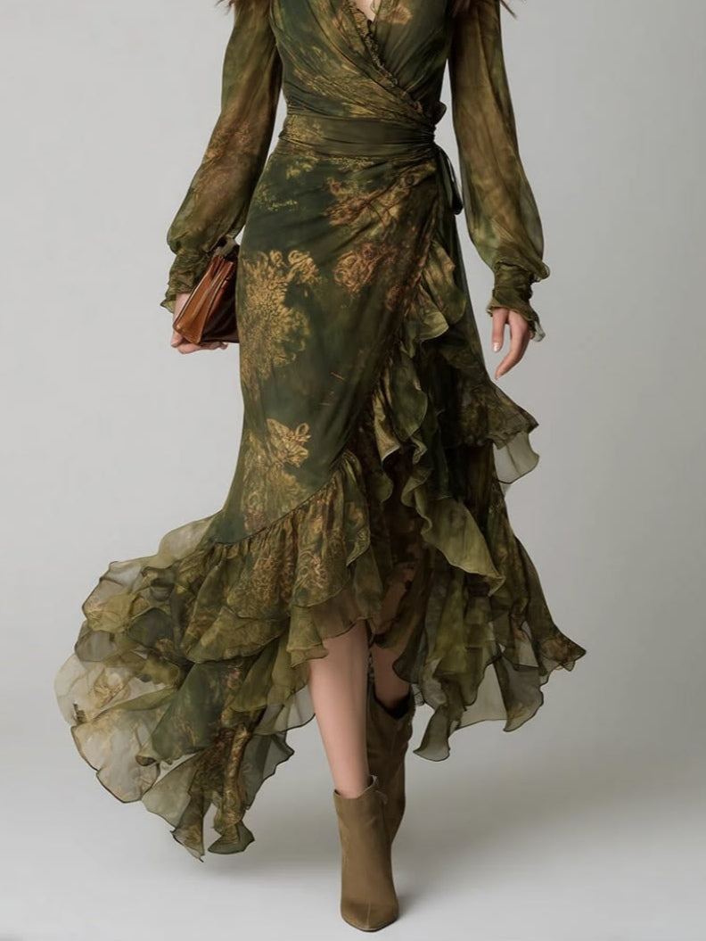Groene maxi-wikkeljurk met bloemenprint, V-hals, lange mouwen en volants voor dames