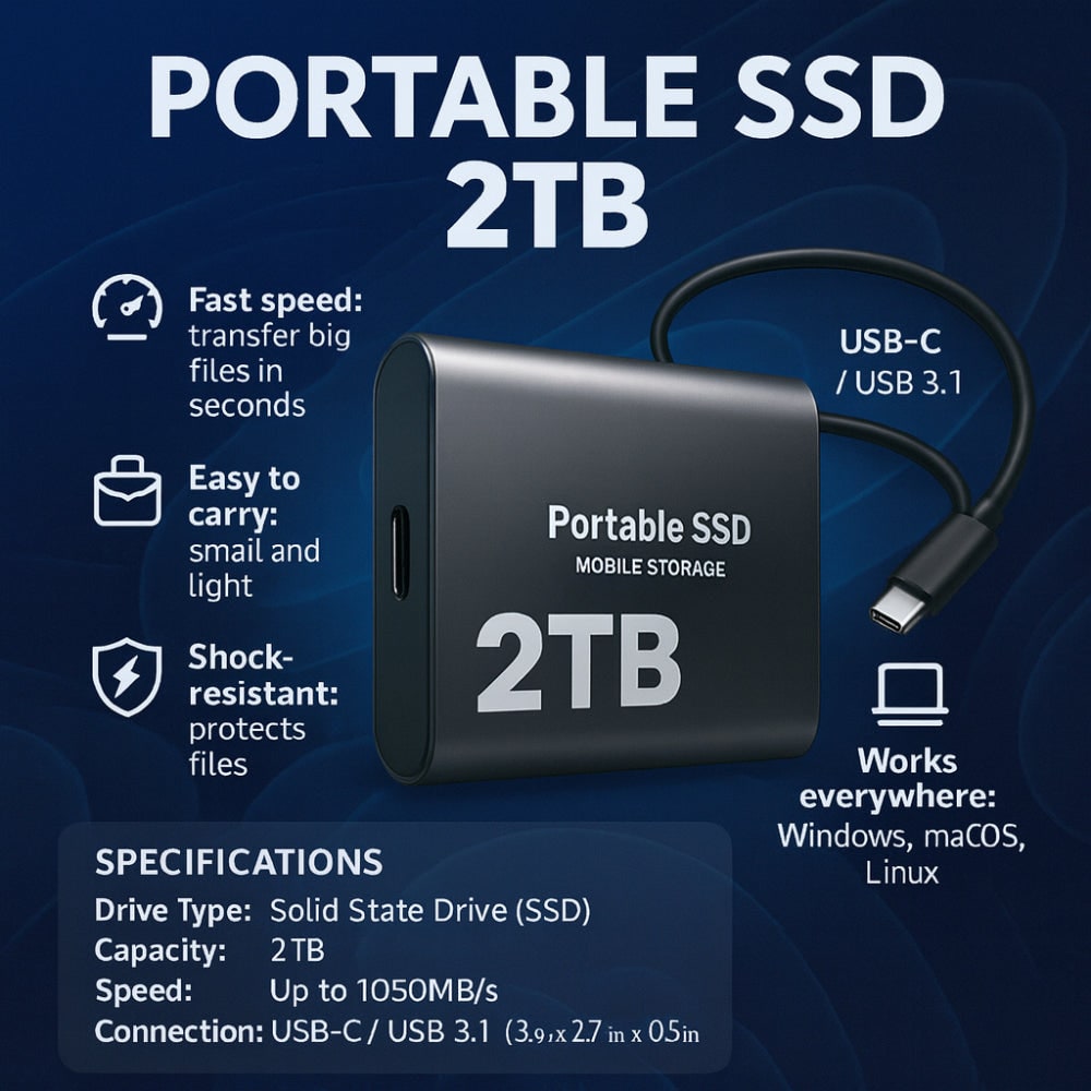 Externe SSD 1 TB draagbare solid-state schijf met USB-C voor laptop en pc