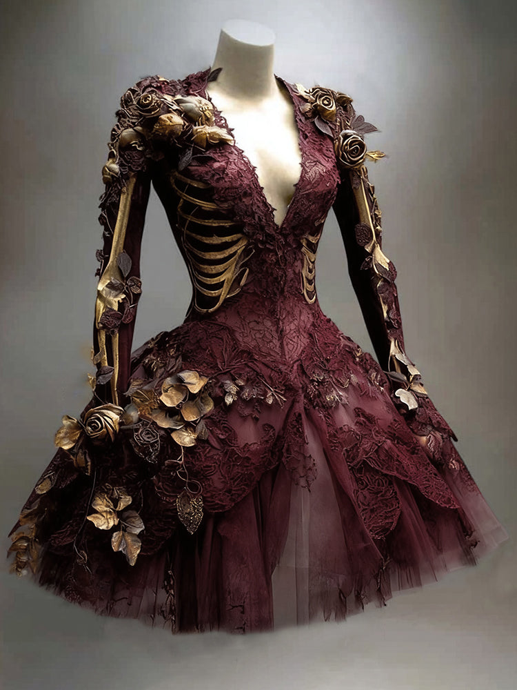 Dames gothic skelet mini-jurk met lange mouwen voor Halloween