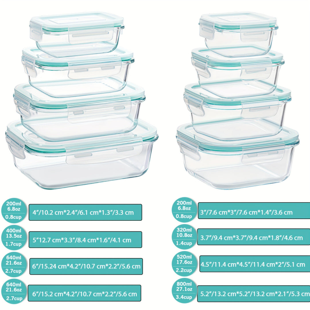 Set van 8 glazen voedselcontainers – Bento containers voor meal prep, luchtdicht, met lekvrije deksels, geschikt voor magnetron, oven, vriezer en vaatwasser, BPA-vrij