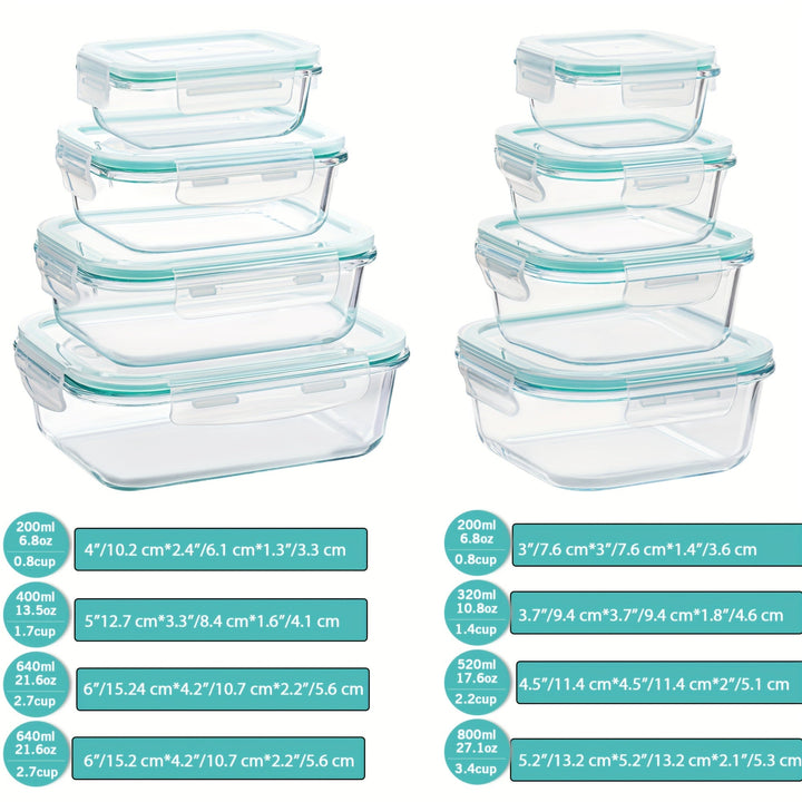 Set van 8 glazen voedselcontainers – Bento containers voor meal prep, luchtdicht, met lekvrije deksels, geschikt voor magnetron, oven, vriezer en vaatwasser, BPA-vrij