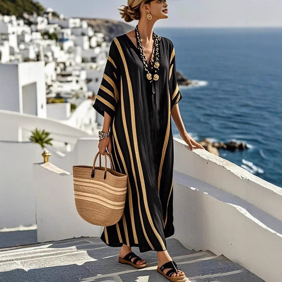 Five-quarter-sleeve Long Caftan Dress With Patch Pockets
