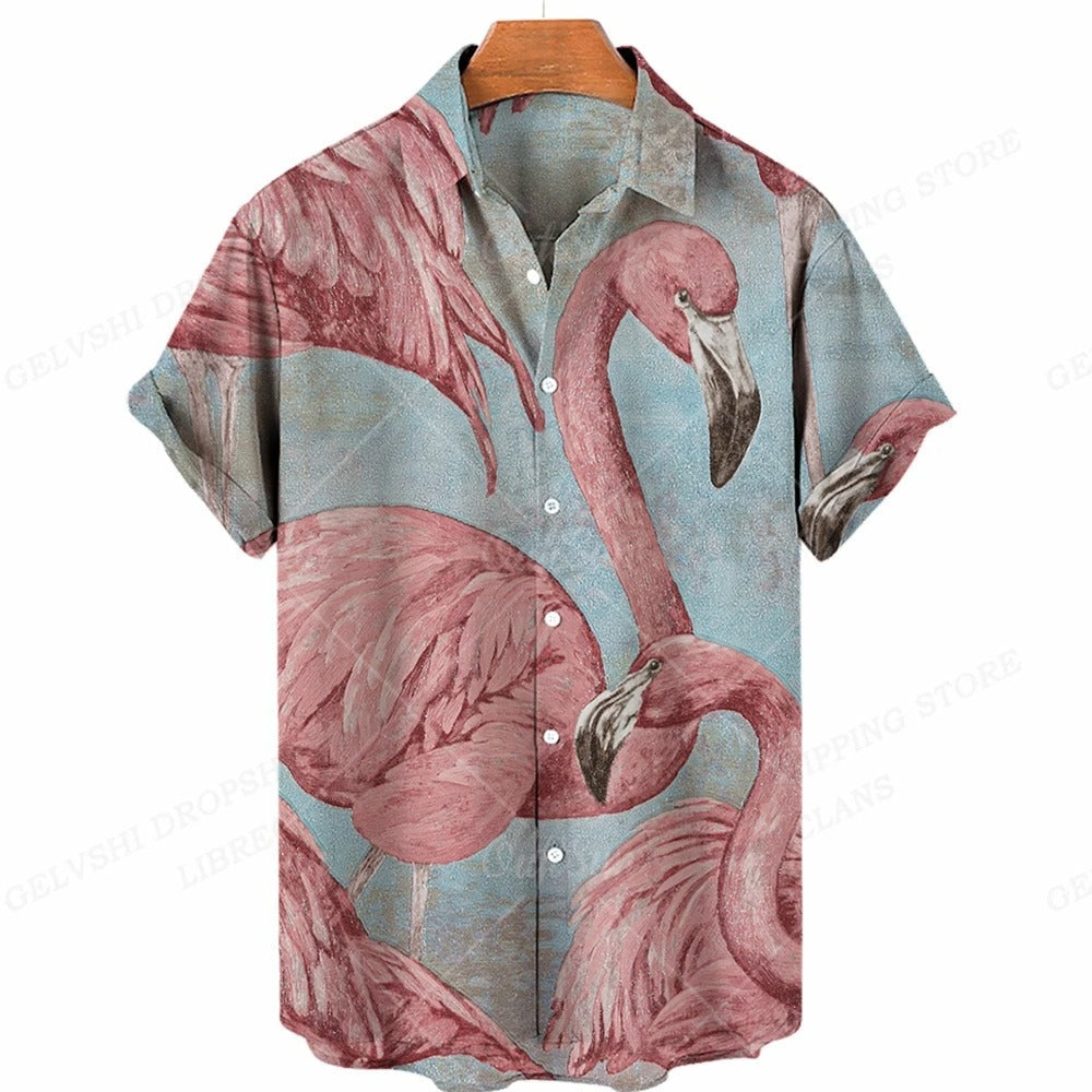 Nico - 3D flamingo bedrukt Hawai overhemd heren