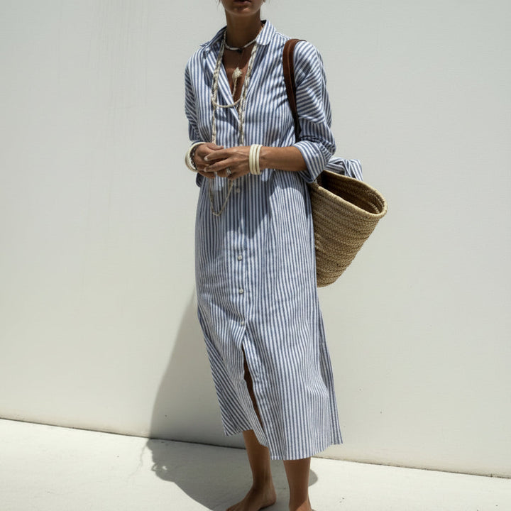 Striped Shirt Dress With Belt Fashion Half-sleeved Lapel Button Cardigan Dresses Women's Clothing