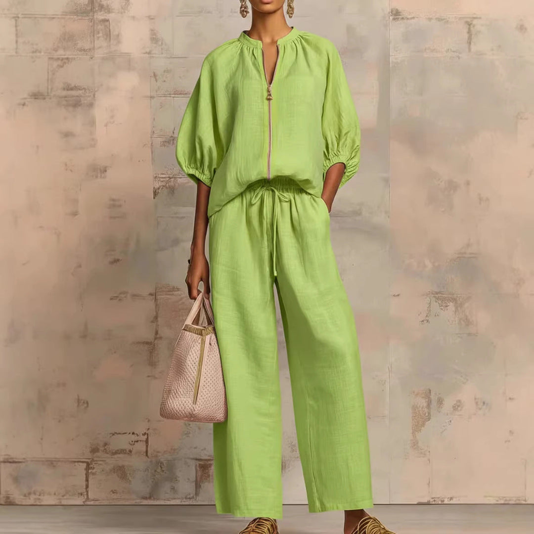 Casual Relaxed-fit Solid-color Zip-up Crew-neck Wide-leg Pants Set