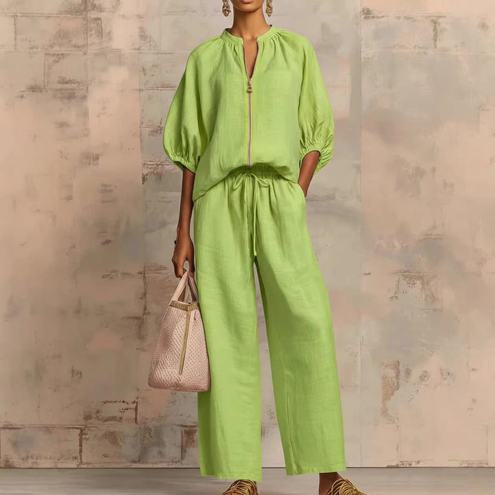 Casual Relaxed-fit Solid-color Zip-up Crew-neck Wide-leg Pants Set