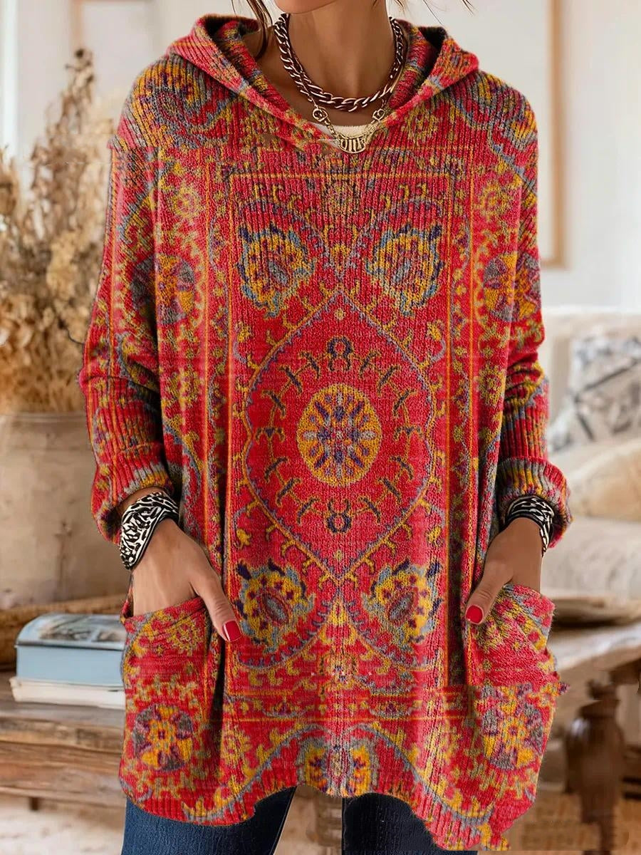 Tuniektop met capuchon en bohemianprint, losse pasvorm en lange mouwen