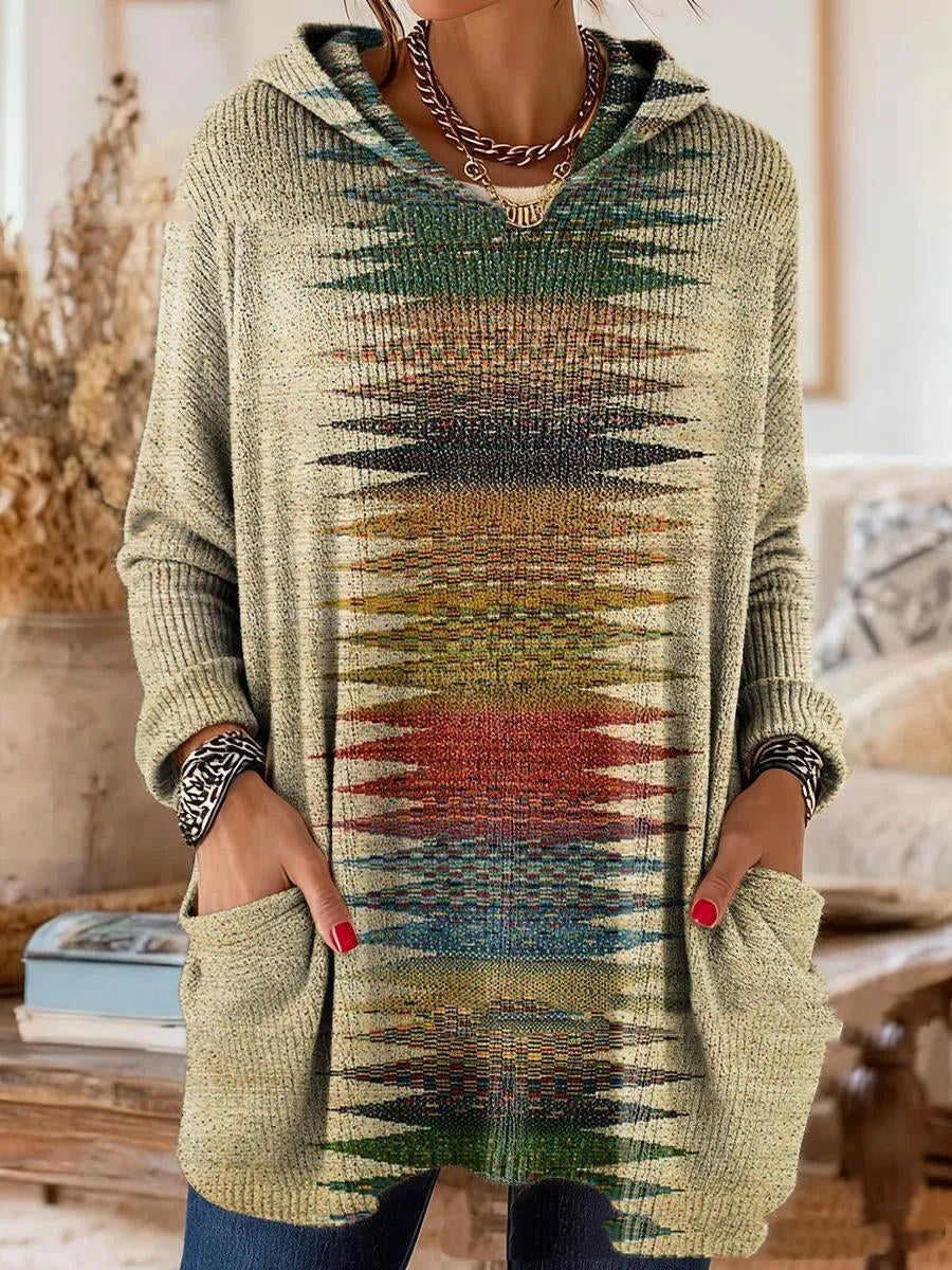 Tuniektop met capuchon en bohemianprint, losse pasvorm en lange mouwen