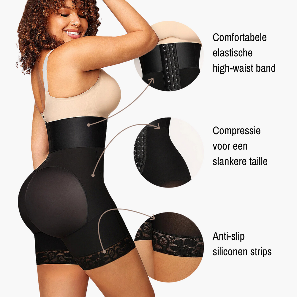 
                  
                    HOOG GETAILLEERD BODYSHAPER SHORT MET 3 RIJEN HAAKJES KORSET
                  
                