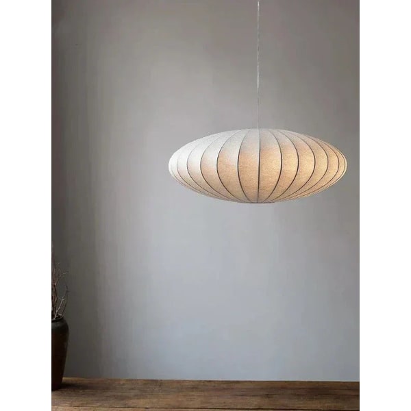 Vergulde trommel-hanglamp met zijden schotelkap en mid-century modern design