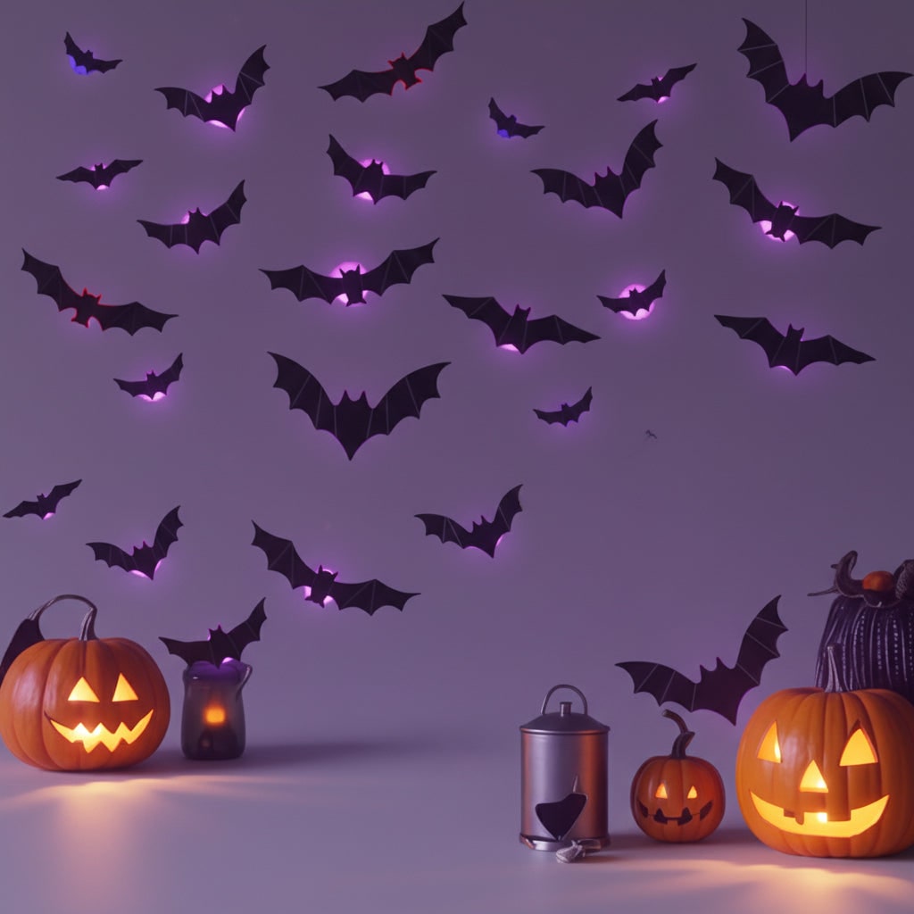 Halloween 3D vleermuis-muurstickers met ledlampjes en zelfklevende wanddecoratie voor een spookachtige sfeer