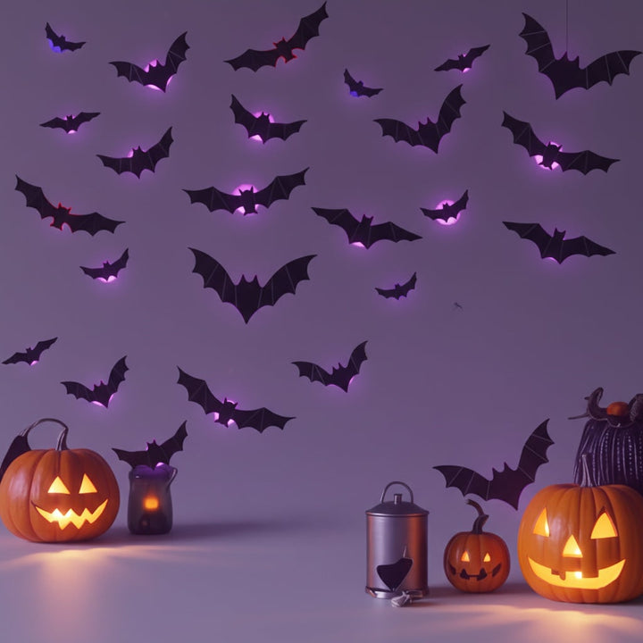 Halloween 3D vleermuis-muurstickers met ledlampjes en zelfklevende wanddecoratie voor een spookachtige sfeer