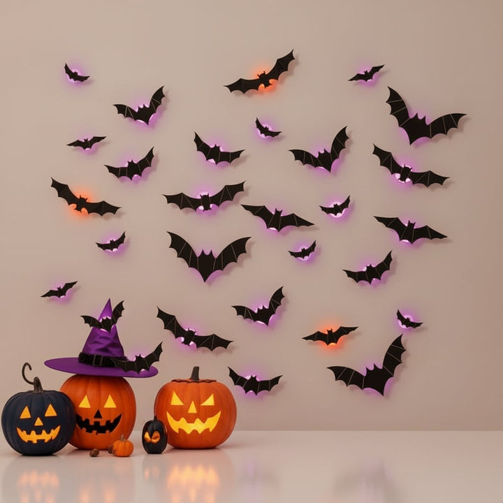 Halloween 3D vleermuis-muurstickers met ledlampjes en zelfklevende wanddecoratie voor een spookachtige sfeer