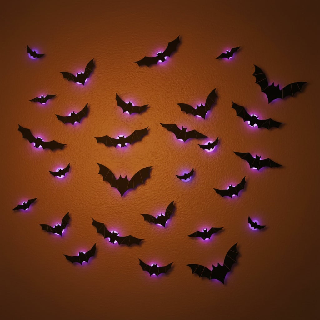 Halloween 3D vleermuis-muurstickers met ledlampjes en zelfklevende wanddecoratie voor een spookachtige sfeer