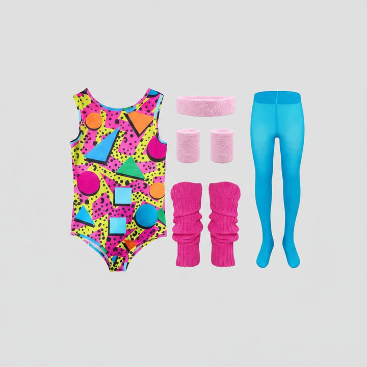 Halloween jaren 80 kostuumfeest outfit workout aerobics maillot met beenwarmers, hoofdband en polsbandjes