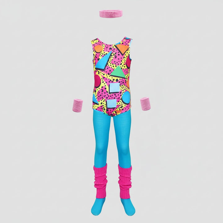 Halloween jaren 80 kostuumfeest outfit workout aerobics maillot met beenwarmers, hoofdband en polsbandjes