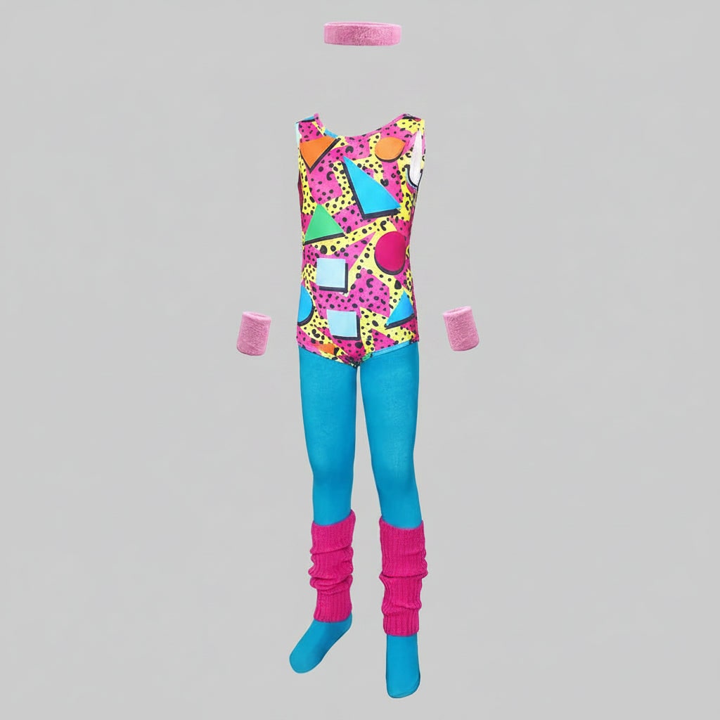 Halloween jaren 80 kostuumfeest outfit workout aerobics maillot met beenwarmers, hoofdband en polsbandjes