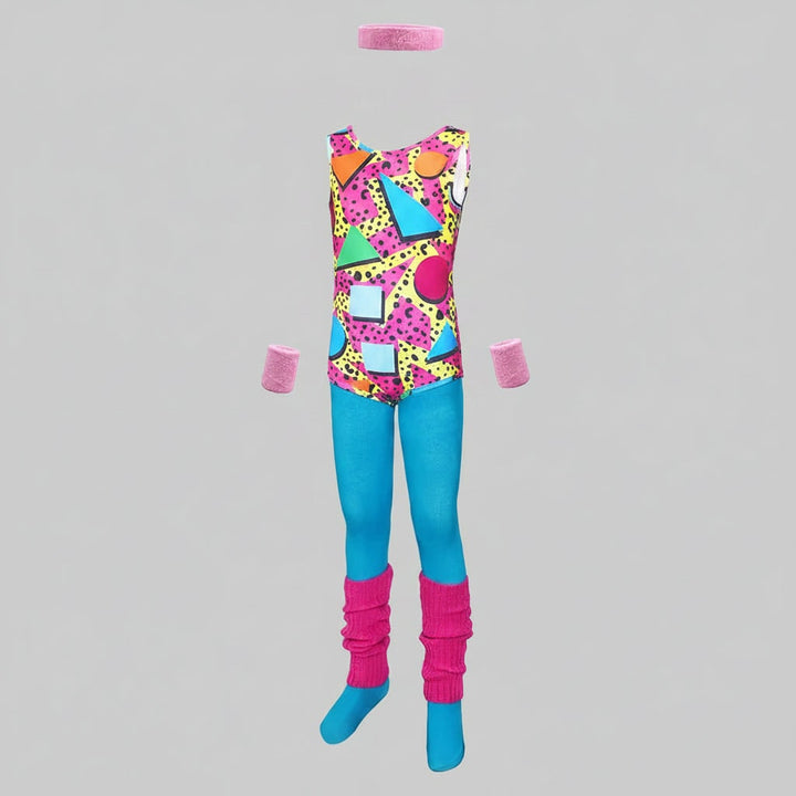 Halloween jaren 80 kostuumfeest outfit workout aerobics maillot met beenwarmers, hoofdband en polsbandjes