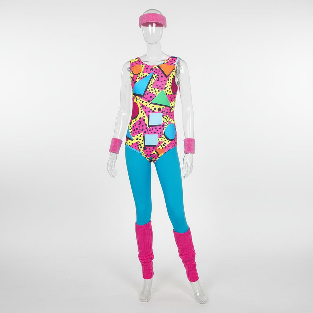 Halloween jaren 80 kostuumfeest outfit workout aerobics maillot met beenwarmers, hoofdband en polsbandjes
