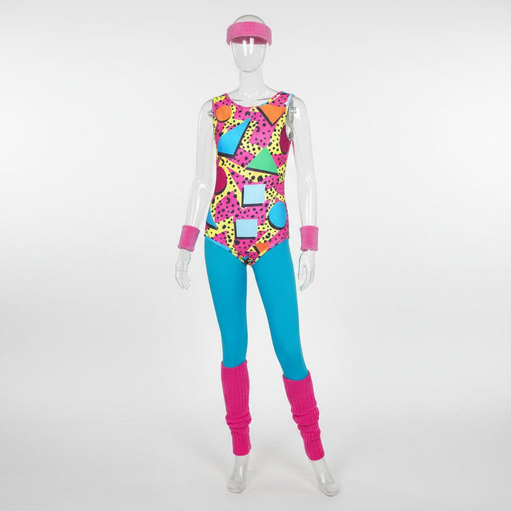 Halloween jaren 80 kostuumfeest outfit workout aerobics maillot met beenwarmers, hoofdband en polsbandjes