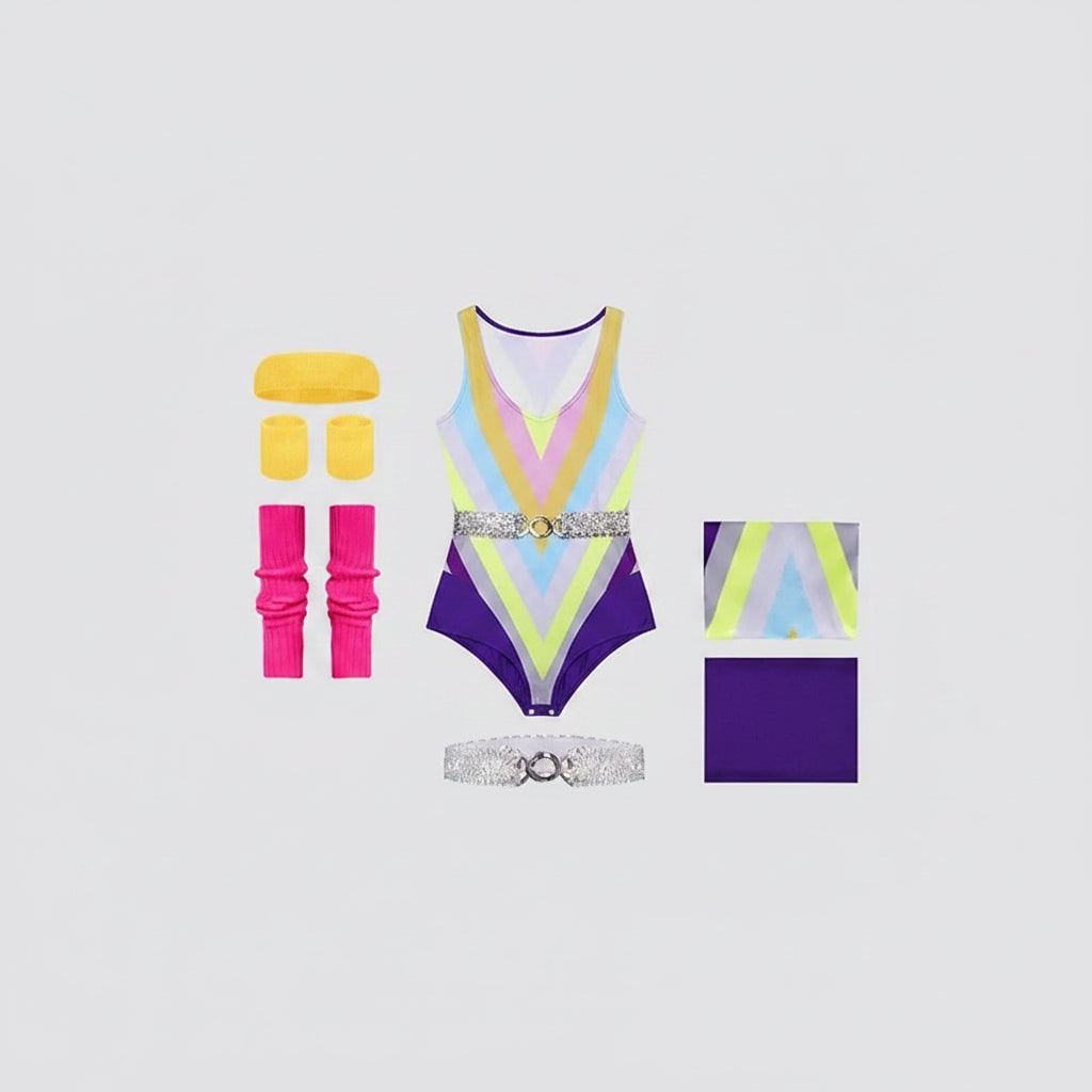 Halloween jaren 80 kostuumfeest outfit workout aerobics maillot met beenwarmers, hoofdband en polsbandjes