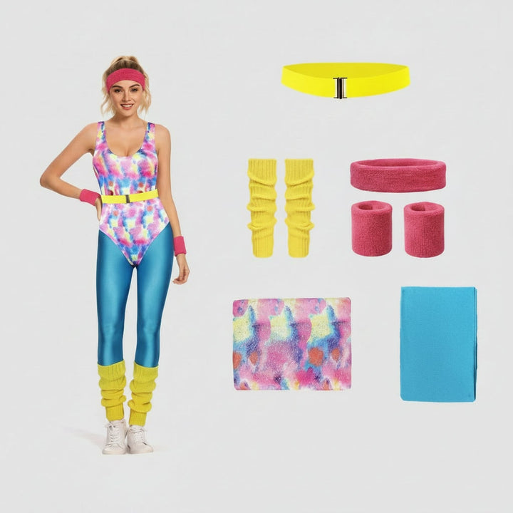 Halloween jaren 80 kostuumfeest outfit workout aerobics maillot met beenwarmers, hoofdband en polsbandjes