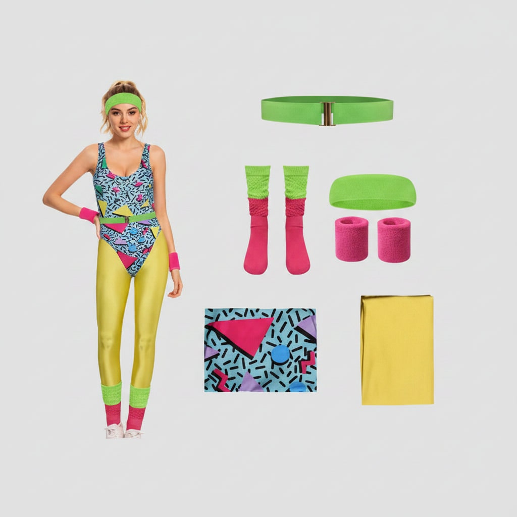 Halloween jaren 80 kostuumfeest outfit workout aerobics maillot met beenwarmers, hoofdband en polsbandjes