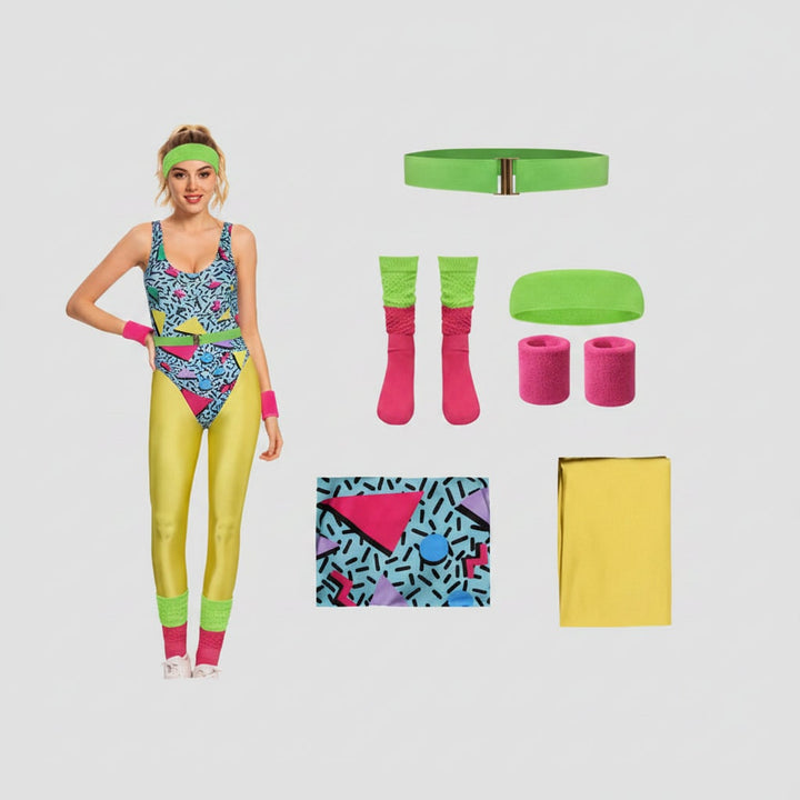 Halloween jaren 80 kostuumfeest outfit workout aerobics maillot met beenwarmers, hoofdband en polsbandjes