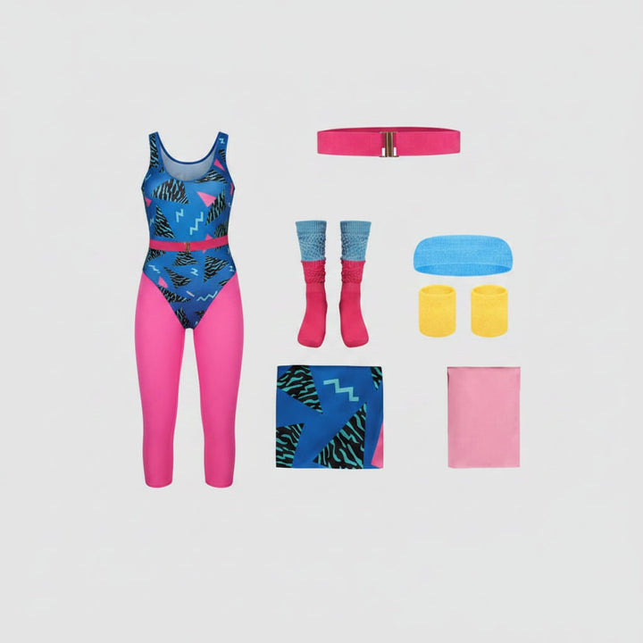 Halloween jaren 80 kostuumfeest outfit workout aerobics maillot met beenwarmers, hoofdband en polsbandjes