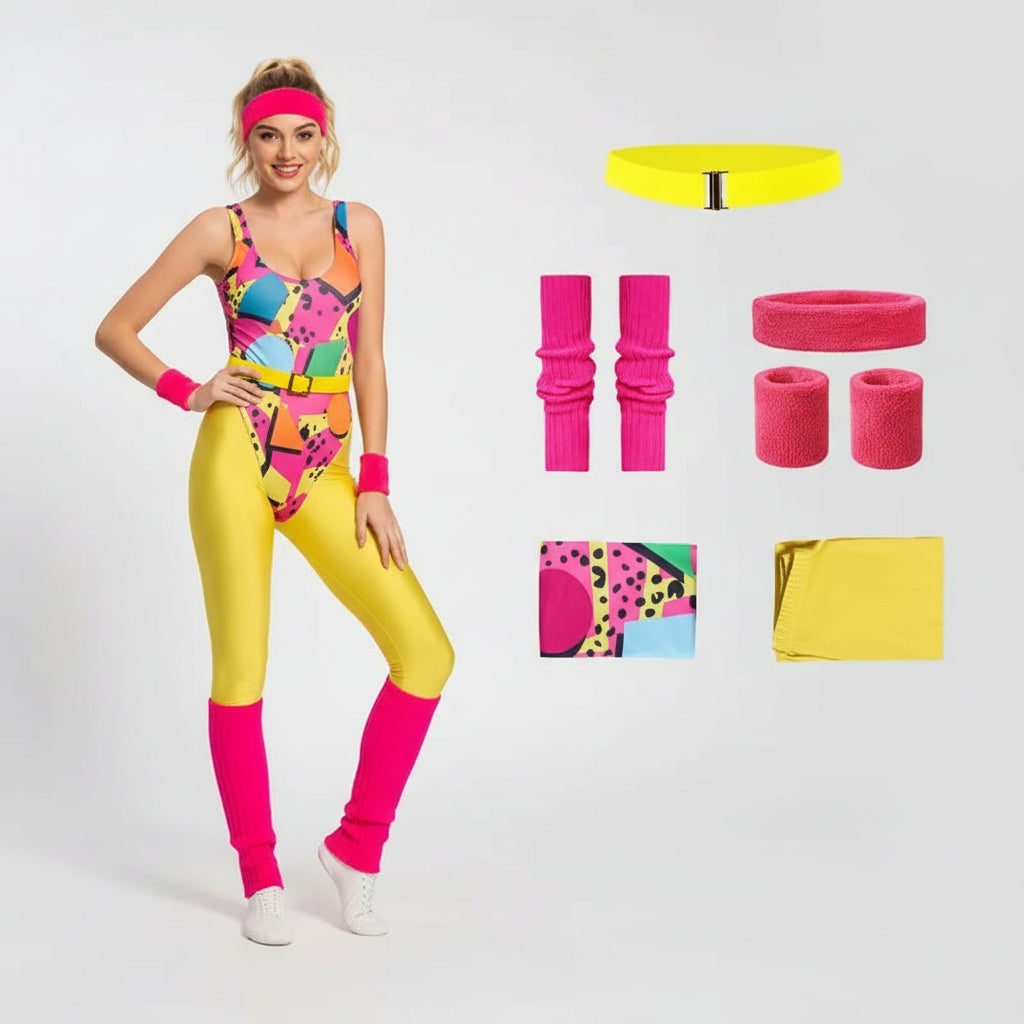 Halloween jaren 80 kostuumfeest outfit workout aerobics maillot met beenwarmers, hoofdband en polsbandjes