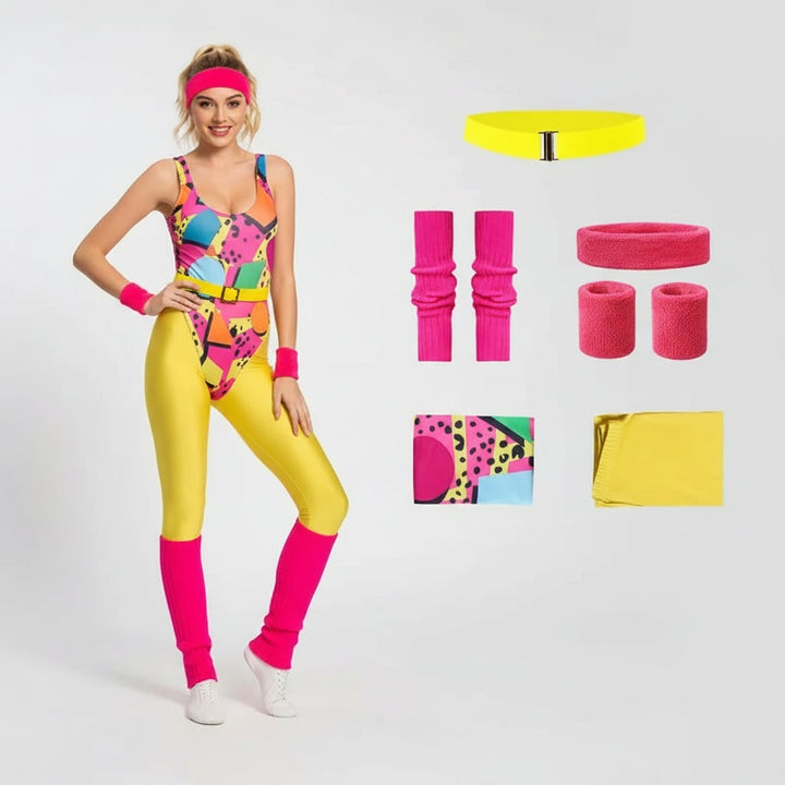 Halloween jaren 80 kostuumfeest outfit workout aerobics maillot met beenwarmers, hoofdband en polsbandjes
