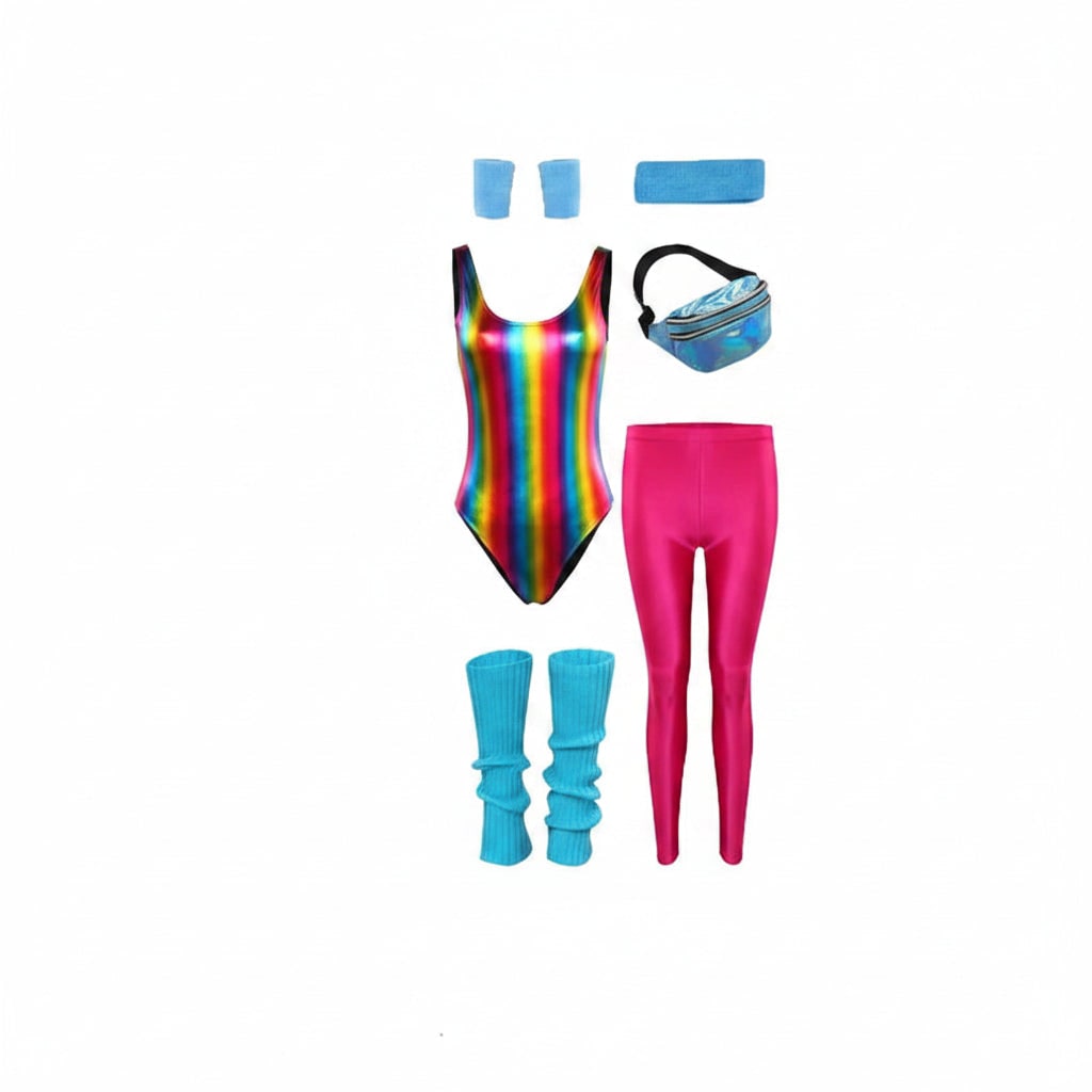 Halloween jaren 80 kostuumfeest outfit workout aerobics maillot met beenwarmers, hoofdband en polsbandjes