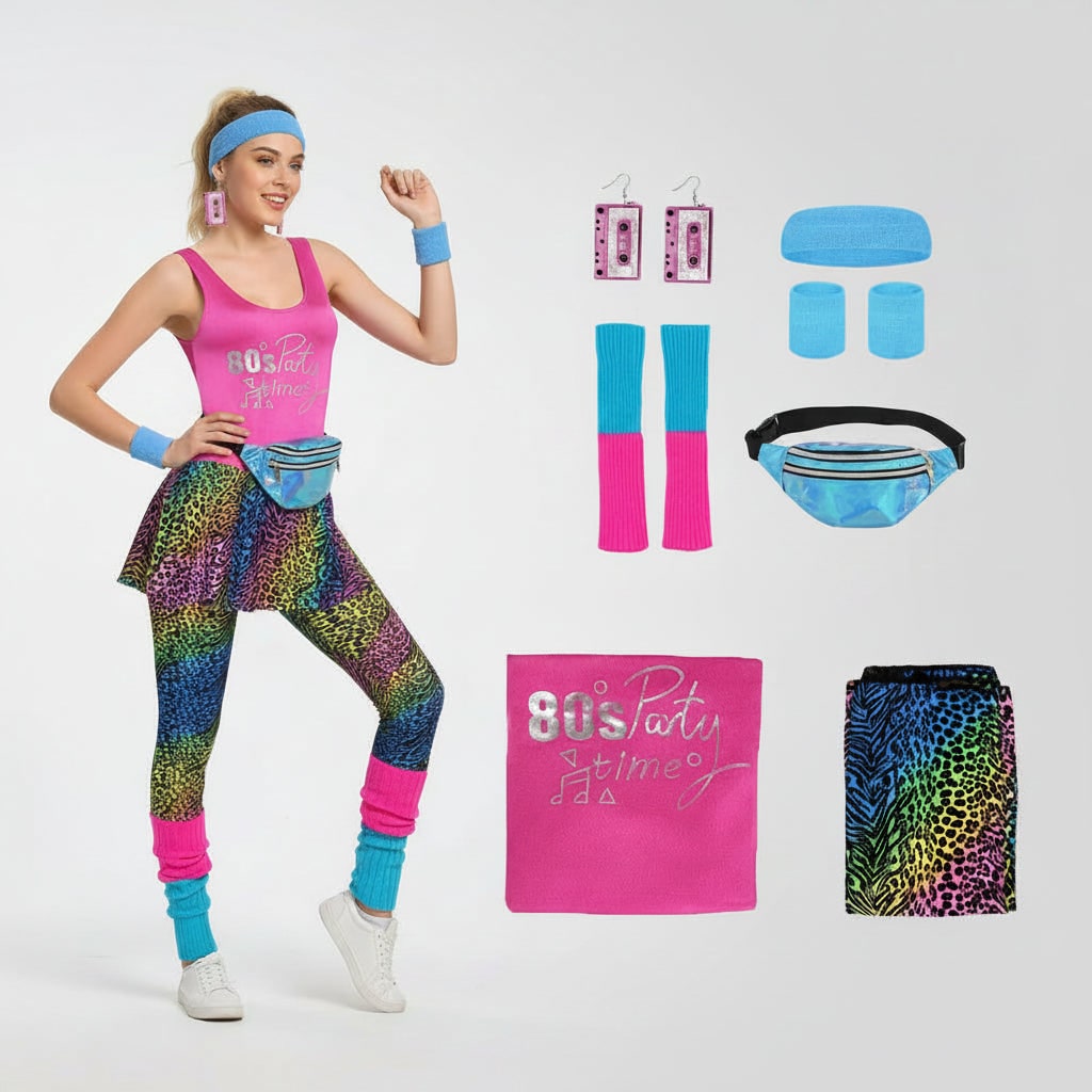 Halloween jaren 80 kostuumfeest outfit workout aerobics maillot met beenwarmers, hoofdband en polsbandjes