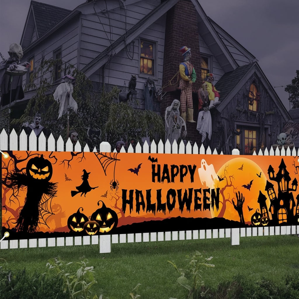Halloween banner groot buitendecoratie met pompoenen heks en vleermuizen voor de tuin